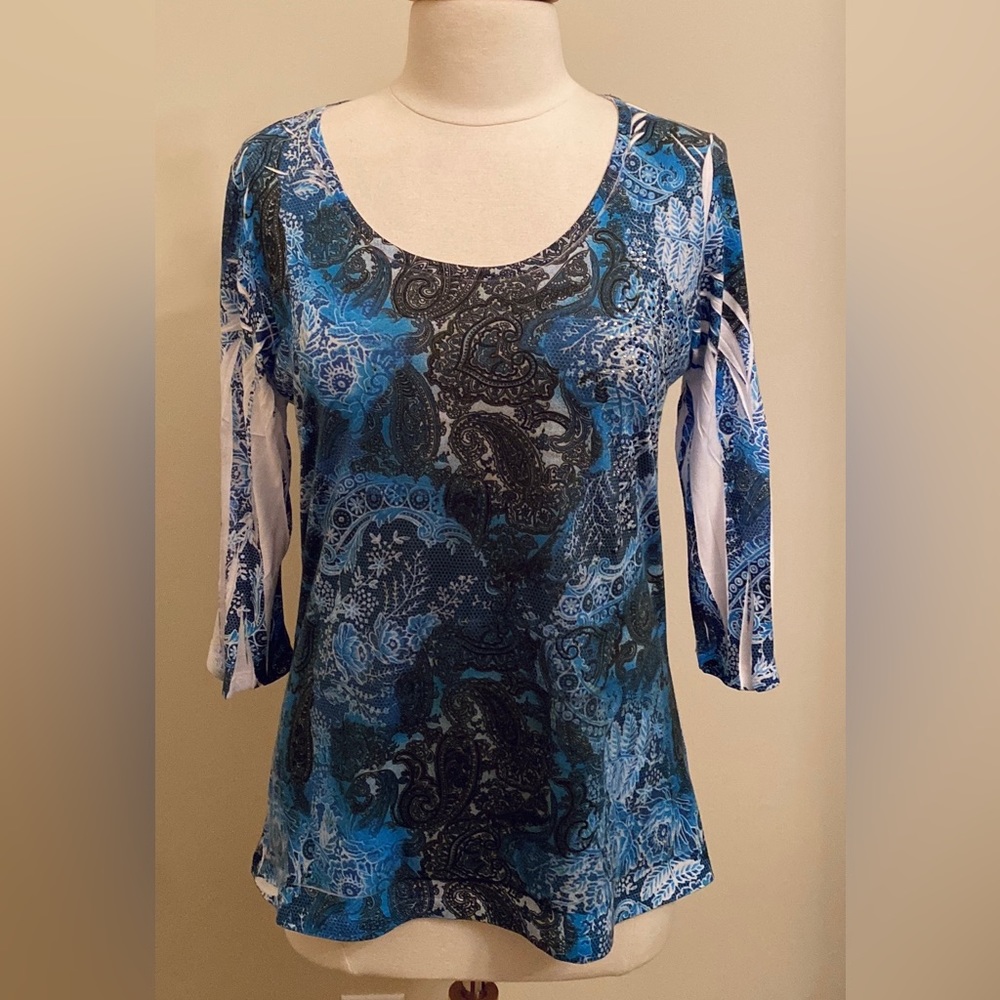 Carole Little Petite Blue White Paisley Studded  3/4” Sleeves Casual Top SZ XLP